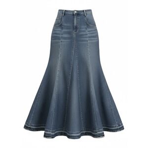 Worthy Threads WL Blue Denim Mermaid Maxi Skirt High Waisted Frayed Hem Med Wash